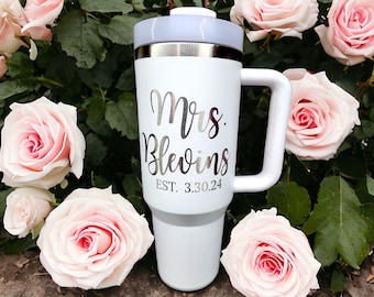 40 oz Personalized Bride Tumbler - Tumbler with Handle - Laser engraved insulated stainless steel (hot and cold) mug