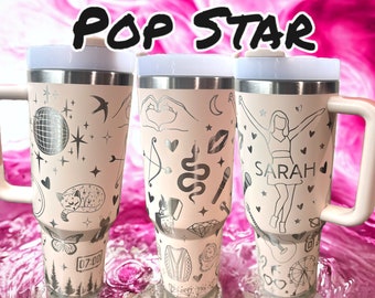 40 oz Pop Star Tumbler with Handle - Laser engraved insulated stainless steel (hot and cold) mug with lid and straw