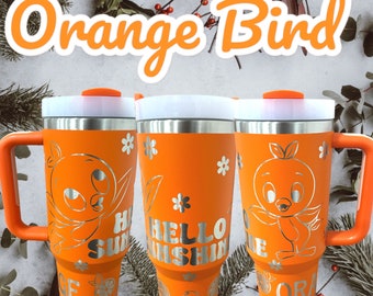 40 oz Orange Bird Tumbler with Handle - Laser engraved insulated stainless steel (hot and cold) mug with lid and straw