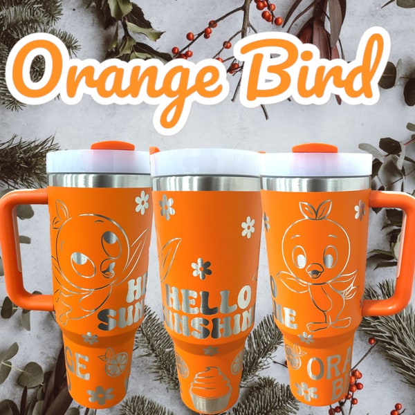 40 oz Orange Bird Tumbler with Handle - Laser engraved insulated stainless steel (hot and cold) mug with lid and straw