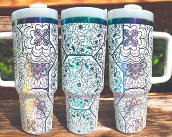 40 oz Hidden Swear Word Mandala Tumbler with Handle, gift-Laser engraved insulated stainless steel (hot and cold) office gift