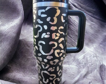 40 oz Cheetah Print Hidden Mouse Tumbler with Handle - Laser engraved insulated stainless steel (hot and cold) mug with lid and straw