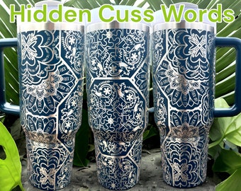 40 oz Hidden Swear Word Mandala Tumbler -  Curse Word Tumbler with Handle - Laser engraved insulated stainless steel (hot and cold) mug