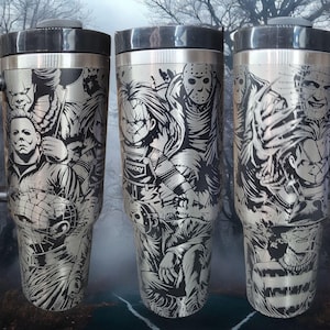 40 oz Horror Movie Mashup Tumbler, Laser engraved insulated stainless steel tumbler- hot and cold drinks