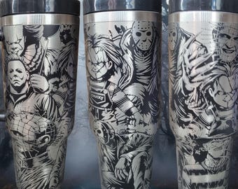 40 oz Horror Movie Mashup Tumbler, Laser engraved insulated stainless steel tumbler- hot and cold drinks
