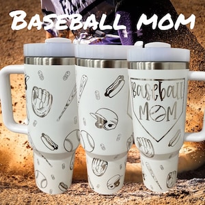 40 oz Baseball Mom Tumbler with Handle - Laser engraved insulated stainless steel (hot and cold) mug with lid and straw
