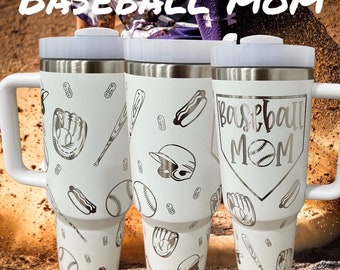 40 oz Baseball Mom Tumbler with Handle - Laser engraved insulated stainless steel (hot and cold) mug with lid and straw