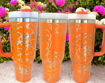 40 oz Marigold Flowers Tumbler with Handle - Laser engraved insulated stainless steel (hot and cold) mug with lid and straw