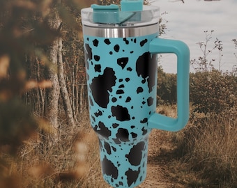 40 oz Cow Print Tumbler with Handle - Laser engraved insulated stainless steel (hot and cold) mug with lid and straw