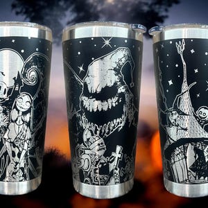 20 oz NBC Tumbler, Nightmare Before, Halloween & Christmas merch, Laser engraved insulated stainless steel (hot and cold) mug