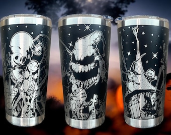 20 oz NBC Tumbler, Nightmare Before, Halloween & Christmas merch, Laser engraved insulated stainless steel (hot and cold) mug