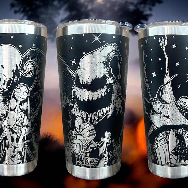 20 oz NBC Tumbler, Nightmare Before, Halloween & Christmas merch, Laser engraved insulated stainless steel (hot and cold) mug