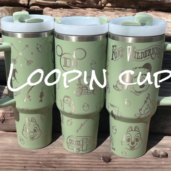 40 oz The Fort Looping Tumbler with Handle - Laser engraved insulated stainless steel (hot and cold) mug with lid and straw