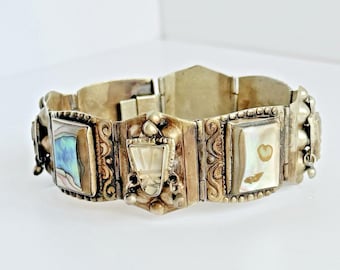 Authentic Vintage Alpaca Mexico Bracelet Abalone Mother of Pearl Panel Aztec
