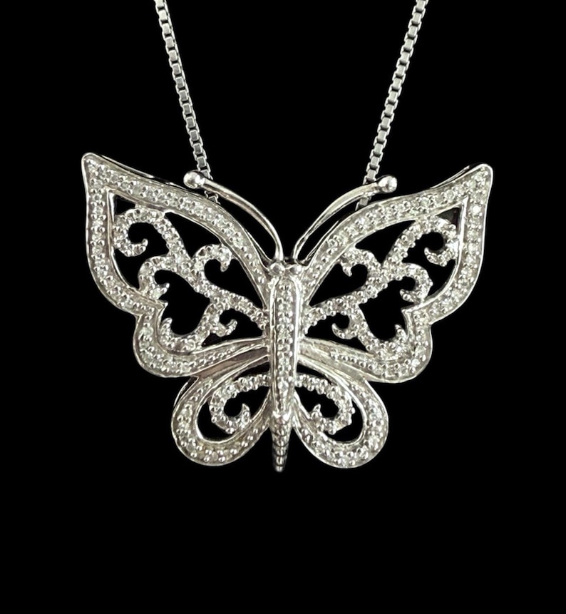 Sterling Silver Diamond Accent Butterfly Pendant 925 Italian Box Chain 18" image 1