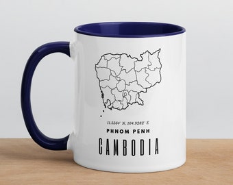 Cambodja kaart mok met kleur binnenin | Khmer-beker | Magnetronveilige drinkwaren | Kerstcadeau | Vakantie cadeau