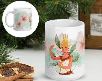 Cambodjaanse mok | Apsara-danser | Glanzende kop bloemen | Vaatwasmachine- en magnetronbestendig | Koffie en thee | Vakantiecadeau | Valentijnsdagcadeau