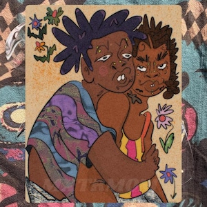 May include: Illustration of two figures embracing, with dark skin and stylized features. One figure wears a purple and blue patterned top, the other a yellow and pink striped top. The background is beige with floral accents.