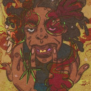 May include: An illustration of a person with brown skin, dark hair, and a dark blue shirt. The person is making a hand gesture with green and red accents. The background is yellow and red.