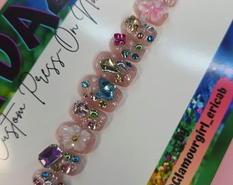 Kids (age 6 to 10) Colorful Bling 3D Flowers Luxury Handmade Press On Nails