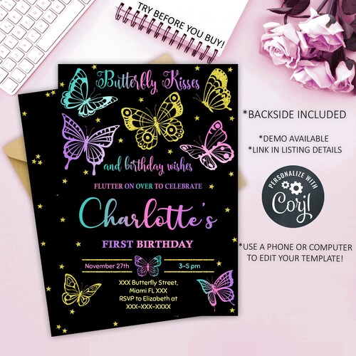 Editable Butterfly Invitation Butterfly Birthday Invitation Etsy