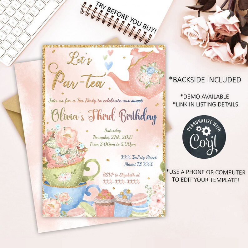 Editable Tea Party Invitation Tea Party Birthday Invitation Etsy
