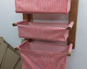 US Shipping ,Red Stripe Linen - Hanging Wall Basket Organizer, Fabric Pockets