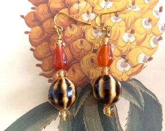 Glass Lampwork Earrings, Leopard Print Red and Yellow