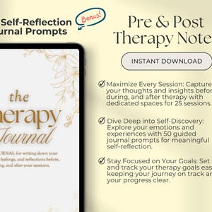 May include: A digital download of a therapy journal with 50 self-reflection prompts. The journal cover features a gold design with the text "the Therapy Journal". The text "50 Self-Reflection Journal Prompts" and "Pre & Post Therapy Notes" is also visible.