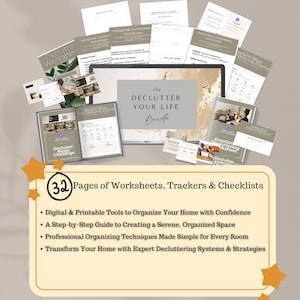 May include: A digital product bundle with 32 pages of worksheets, trackers, and checklists to help you declutter your life. The bundle includes a step-by-step guide to creating a serene, organized space, professional organizing techniques, and expert decluttering systems and strategies.