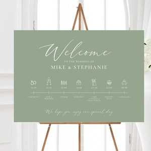 May include: A green wedding welcome sign with a white script font that says "Welcome to the wedding of Mike & Stephanie". The sign also includes a timeline of the wedding day with icons and times for the ceremony, photos, dinner, speeches, cake cutting and first dance, evening food, and carriages.