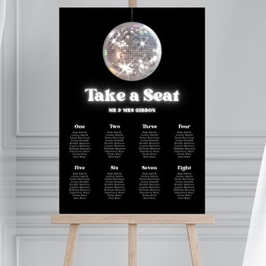Retro Disco Wedding Seating Plan, Disco Ball Wedding Seating Chart, 70s Vintage Wedding Seating Plan, Neon Effect Seating Plan