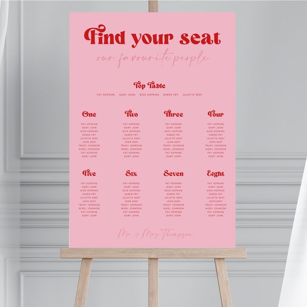 Retro Style Red and Pink Wedding Seating Chart, Groovy 70s Wedding Table Plan, Hot Pink Disco Table Plan, Pink and Red Seating Plan