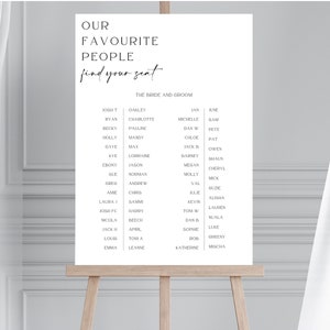 May include: A white sign with black text that reads "Our Favourite People find your seat" and lists names in two columns. The sign is on a wooden easel.