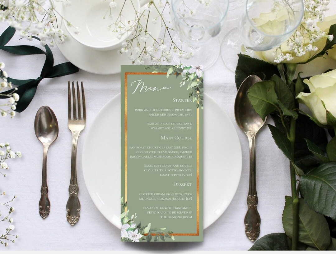 Sage and Gold Wedding Menu, Sage Menu Cards, Olive Green Wedding