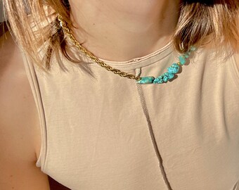 Turquoise Necklace Bracelet w Gold Tone Rope Chain extender. Gemstones, gold plated beads, stainless steel. Gorgeous versatile jewelry gift.