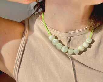 White Agate Neon Green Acrylic Cord Collar Necklace. Sliding natural gems. Unique Art Jewelry. Statement postmodernist avant-garde piece.