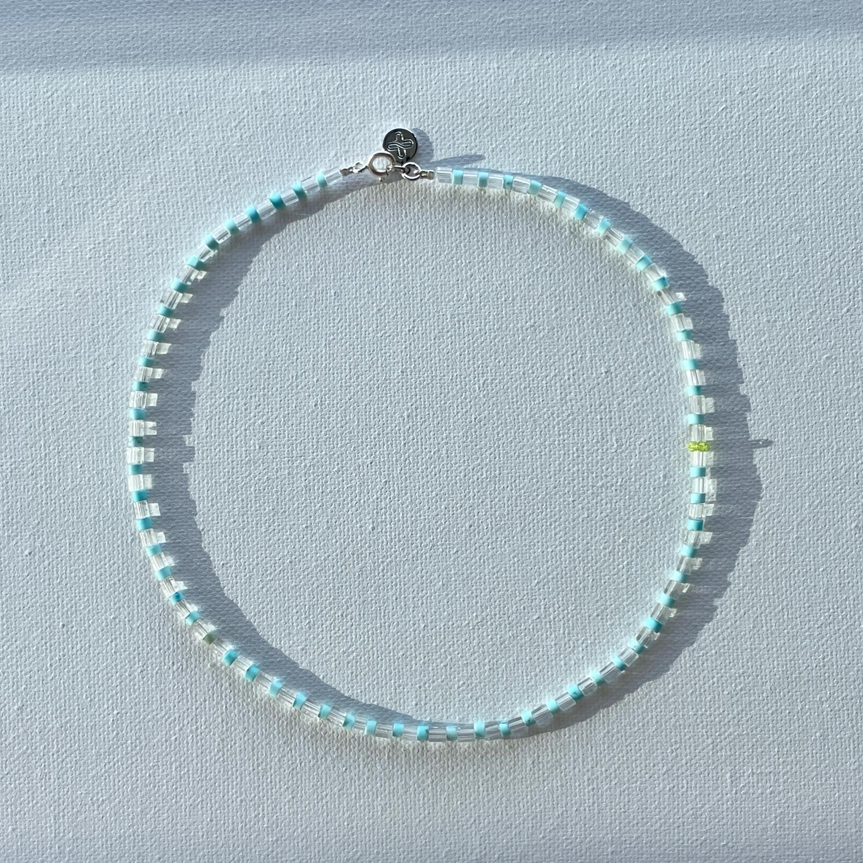 Turquoise / aventurine vintage clear crystal glass 925 silver beaded collar necklace choker elegant unisex gift handstrung gemstone necklace