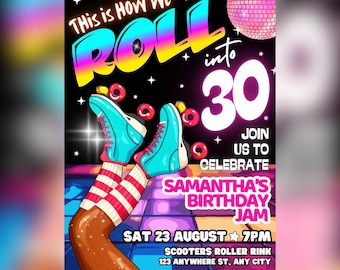 ローラースケートの誕生日招待状 – 編集可能なCanvaテンプレートデザイン