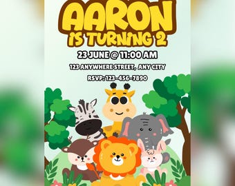 サファリ動物の誕生日招待状 – 編集可能なデジタルテンプレート（Canva Pro）