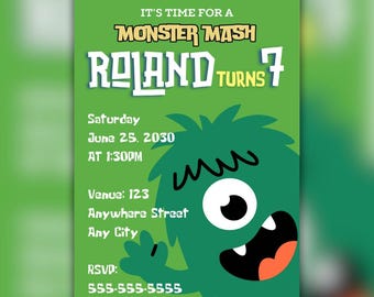 モンスターをテーマにした誕生日招待状 – 編集可能なデジタルテンプレート（Canva Pro）