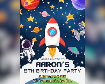 宇宙をテーマにした誕生日招待状 – 編集可能なデジタルテンプレート
