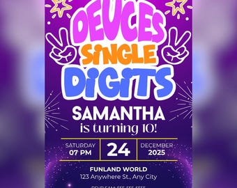 2桁、1桁 - 誕生日招待状 - 編集可能なデジタルテンプレート