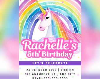 ユニコーンの誕生日招待状 – 編集可能なデジタルテンプレート