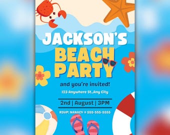 ビーチパーティーの誕生日招待状 – 編集可能なデジタルテンプレート