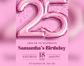 マイルストーンメタリックピンクの誕生日招待状 – Canva編集可能なデジタルテンプレート