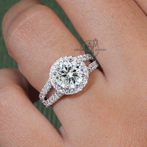 Round Cut Halo Split Shank Engagement Ring Classic Wedding Ring Moissanite Split Shank Promise Ring For Women Handmade Jewelry Women Ring