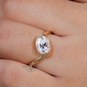 Elongated Cushion Cut Moissanite Solitaire Ring 14K Yellow Gold East West Engagement Ring Bezel Setting Statement Ring Bridal Gift for Her