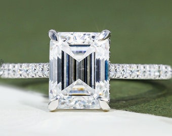 14K Solid Gold Ring Hidden Halo Wedding Ring Elongated Emerald Cut Moissanite Solitaire Engagement Ring Classic Hidden Halo Anniversary Gift
