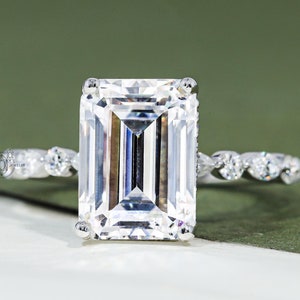 4 CT Emerald Cut Moissanite Engagement Ring Marquise & Round Band Hidden Halo Wedding Ring Emerald Cut Engagement Ring Emerald Cut Solitaire